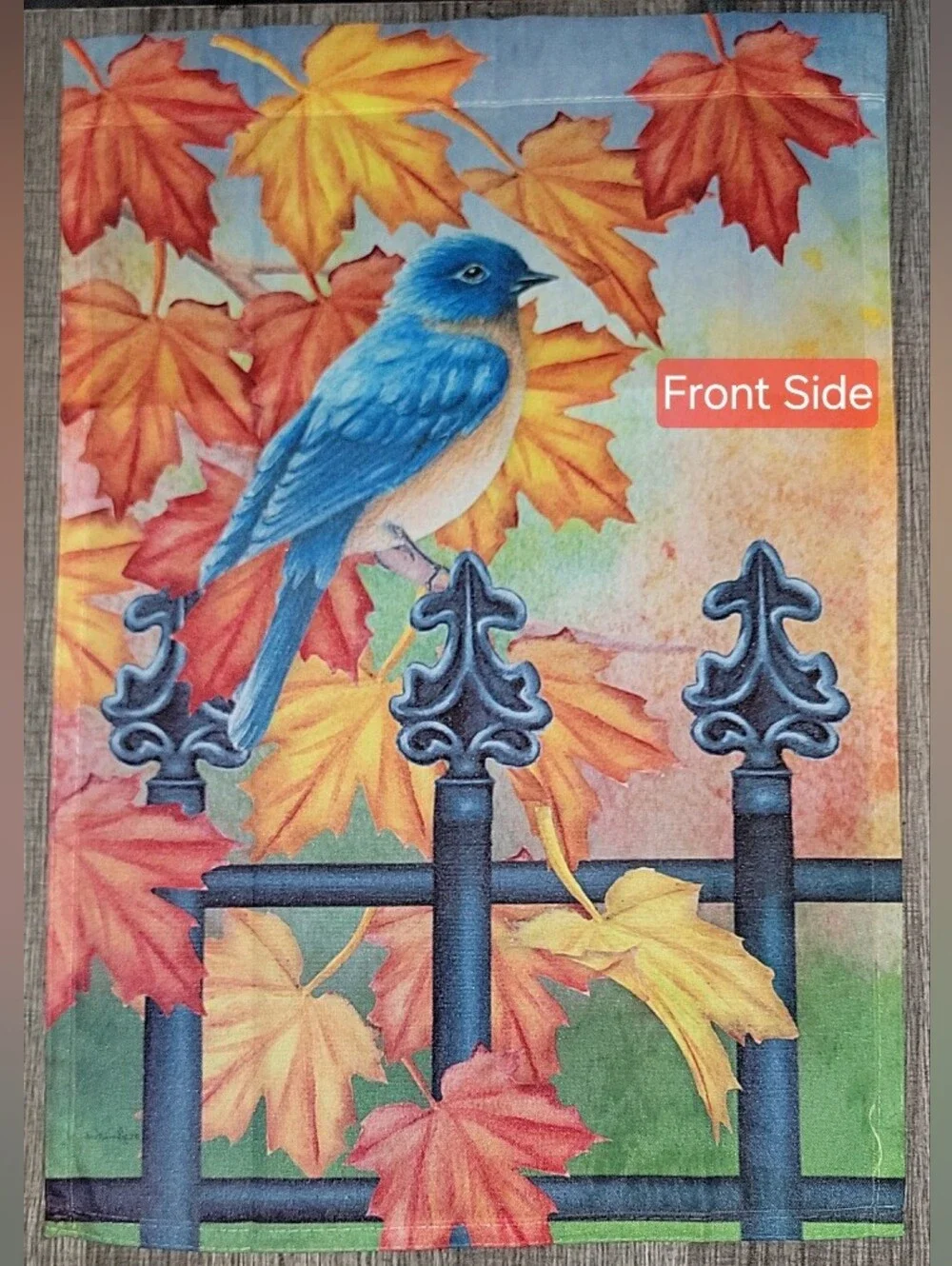 Decorative Autumn Garden Flag Multi-colored! Bird, Fence & Leaves.